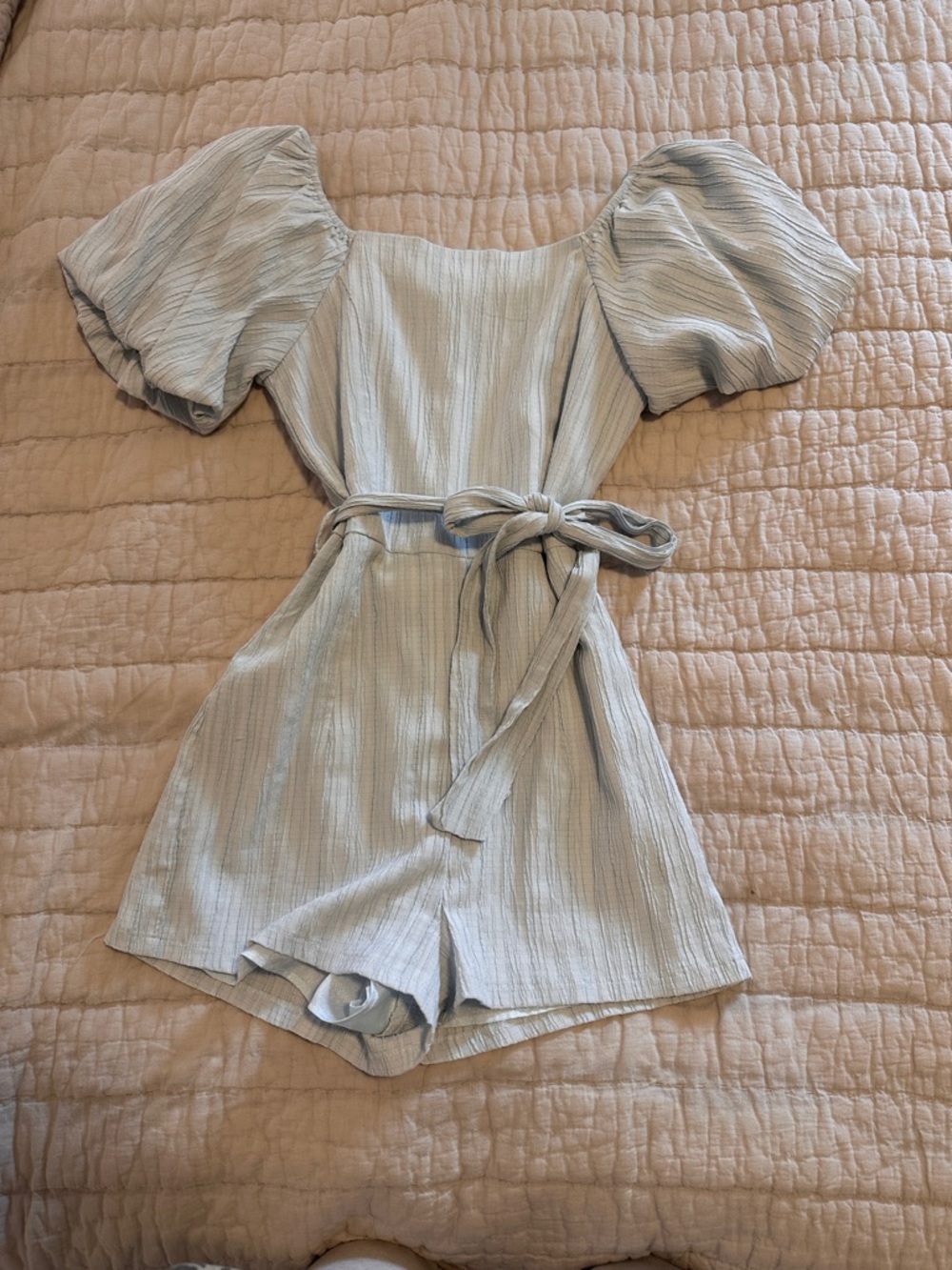 Striped Puff-Sleeve Romper with Tie Waist in Light Blue